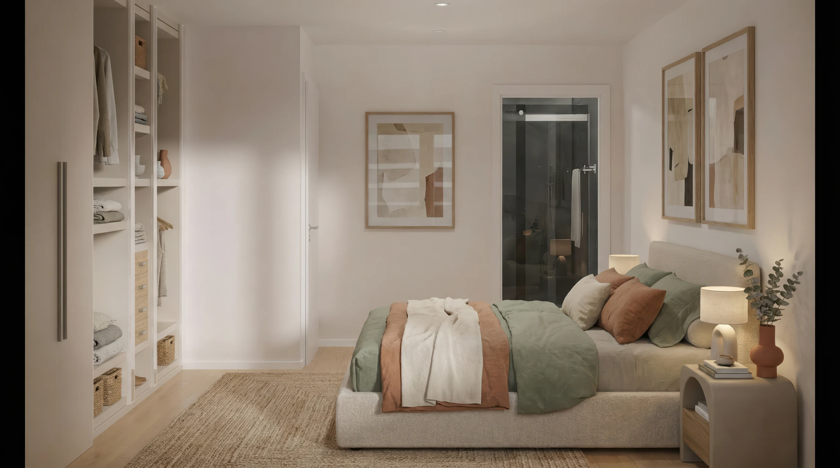 Ruhiges Schlafzimmer mit grossen Fenstern